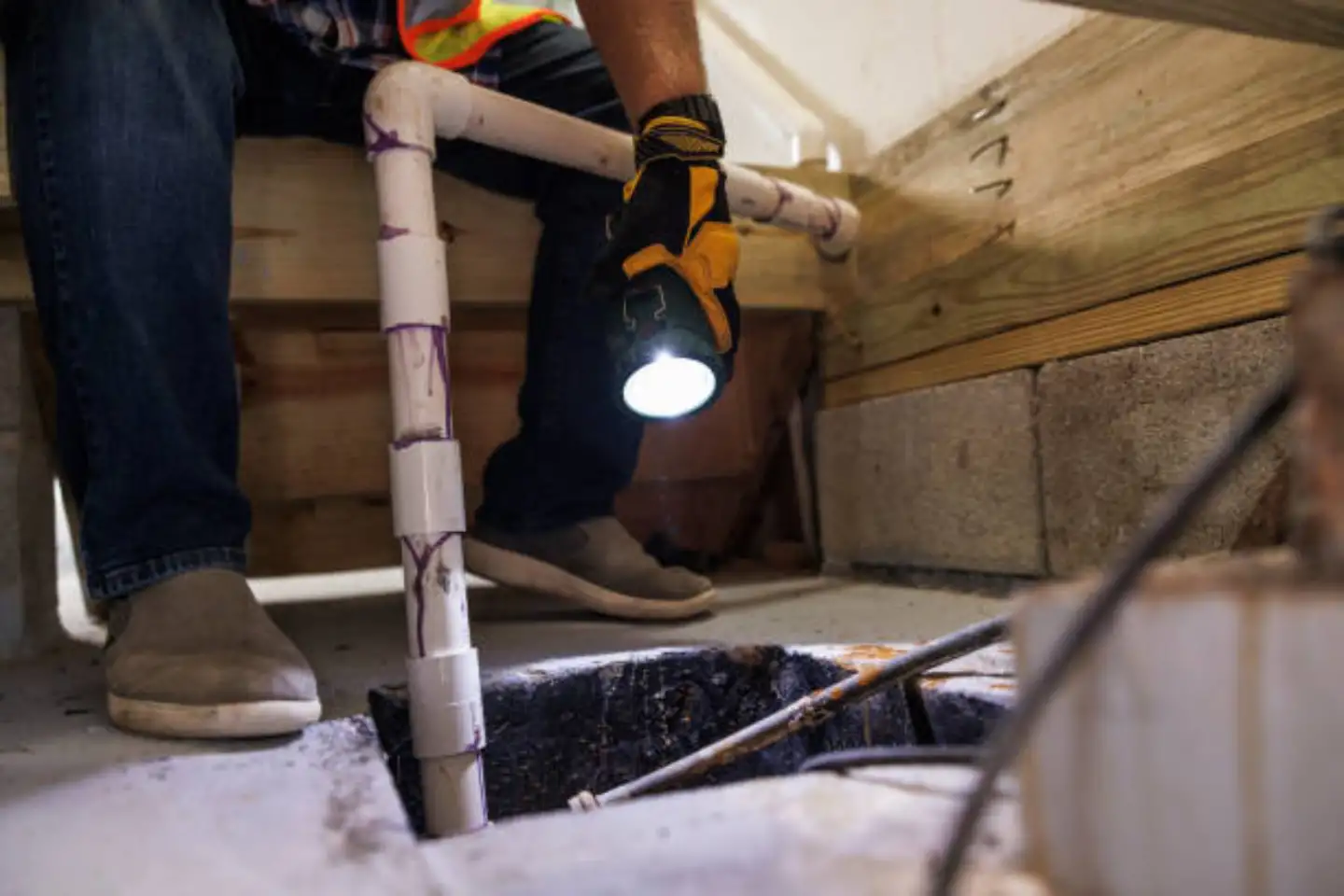 Foundation inspection in crawl space examining pier and beam support